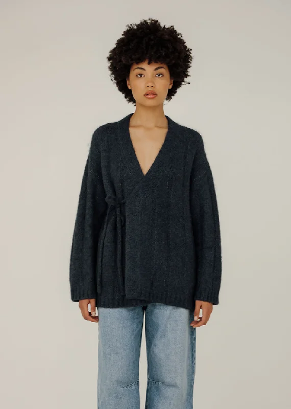 Bare Knitwear Roan Wrap Cardigan in Denim Rayon Fabric Velvet Fabric Corduroy Fabric