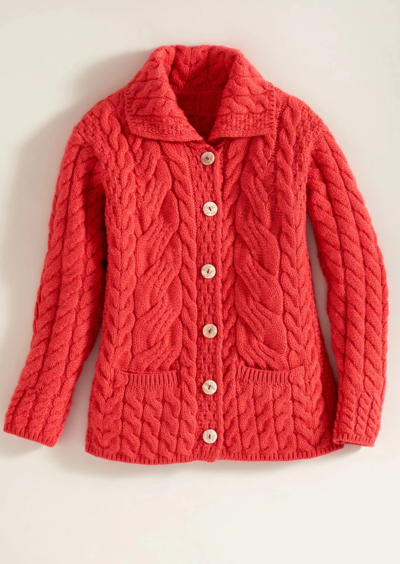 Belcarra Ladies Aran Cardigan | Coral Thin Thick Dense