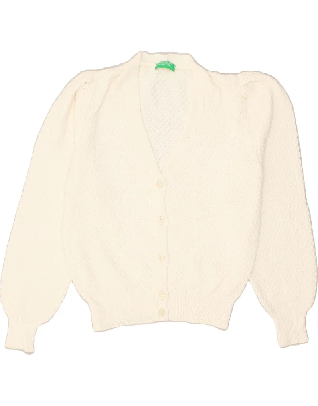 BENETTON Womens Cardigan Sweater UK 12 Medium Off White Toggled Drawstring Belted