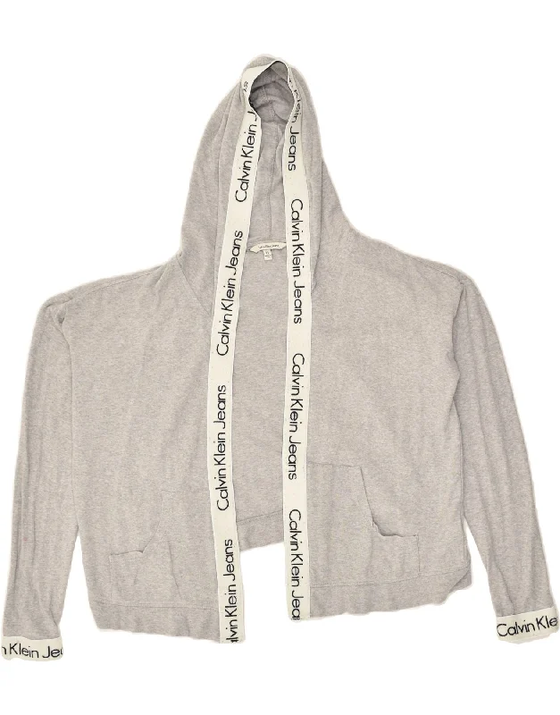 CALVIN KLEIN Womens Hooded Cardigan Sweater UK 6  XS Grey Cotton Velvet Chenille Corduroy