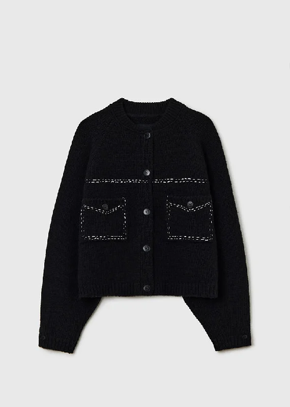 Cordera - Merino Wool Stitched Cardigan in Black Nylon Fabric Polyester Fabric Spandex Fabric