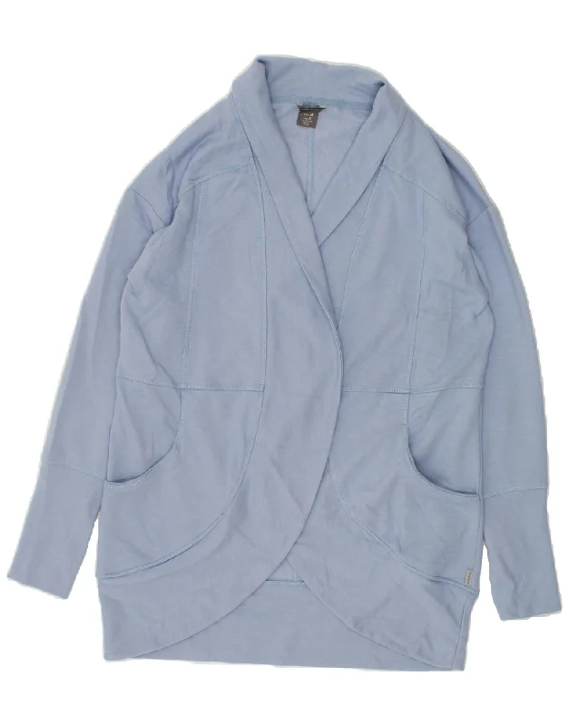 EDDIE BAUER Womens Cardigan Sweater UK 14 Medium Blue Cotton Ribbed Striped Patterned