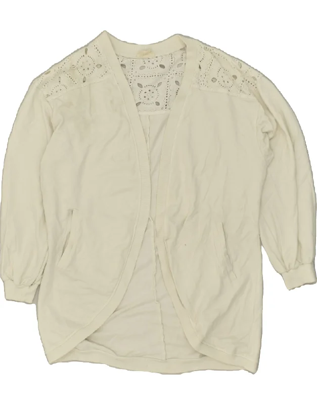 FAT FACE Womens 3/4 Sleeve Cardigan Sweater UK 14 Medium White Cotton Zippered Front Buttoned Front Snap Front