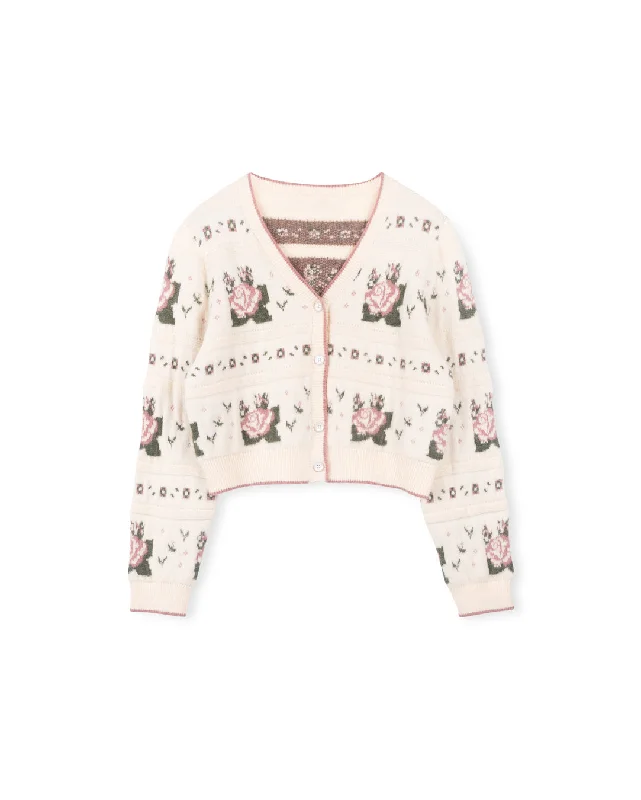 Fluffy Knit Floral Cardigan Welt Pockets Slit Pockets Flap Pockets