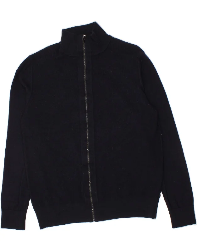 HUGO BOSS Womens Cardigan Sweater UK 18 XL Navy Blue Virgin Wool Glossy Satin Silk