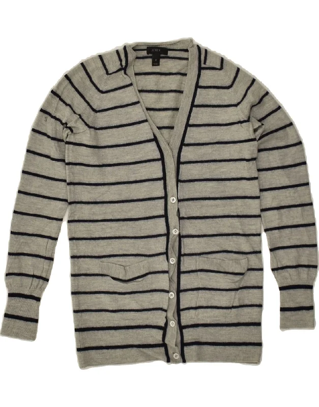 J. CREW Womens Cardigan Sweater UK 12 Medium Grey Striped Merino Wool Glossy Satin Silk
