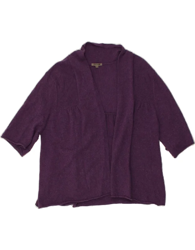JIGSAW Womens Short Sleeve Cardigan Sweater UK 16 Large Purple Wool Striped Floral Plaid