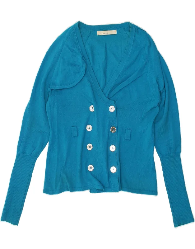 KAREN MILLEN Womens Cardigan Sweater UK 2 2XS Blue Cotton Chenille Blend Fleece Blend Nylon Blend