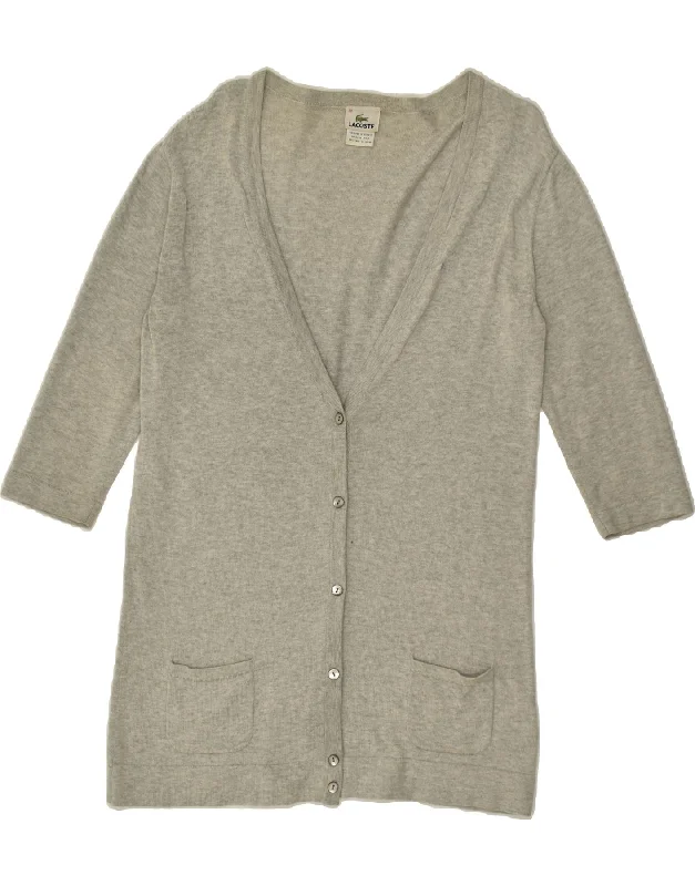 LACOSTE Womens 3/4 Sleeve Cardigan Sweater Size 44 Large Grey Cotton Bright Pastel Dark