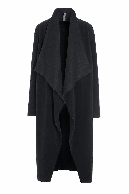 LONG CARDIGAN W/ WATERFALL - 7131 - SOFT BLACK Ribbed Striped Patterned