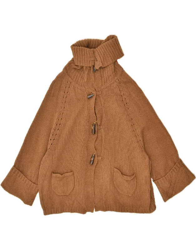 MASSIMO DUTTI Womens Roll Neck Duffle Cardigan Sweater UK 10 Small Brown Satin Blend Silk Blend Wool Blend