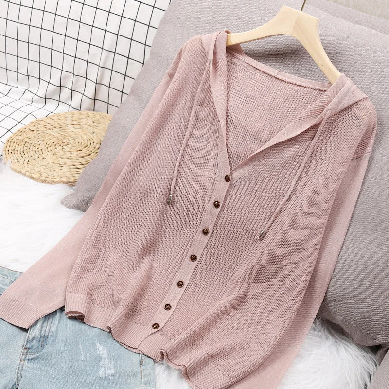 NiDELL . New Summer Knitted Cardigan Coat Women's Hooded Top Ice Silk Sweater Thin Hollow Sun Protection Outerwear Boxy Cardigan Fitted Cardigan A-Line