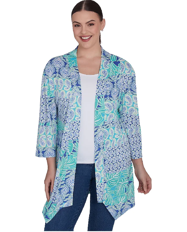 Ruby Road Petite Bali Blue Crinkle Knit Cardigan Embroidered Appliqued Beaded