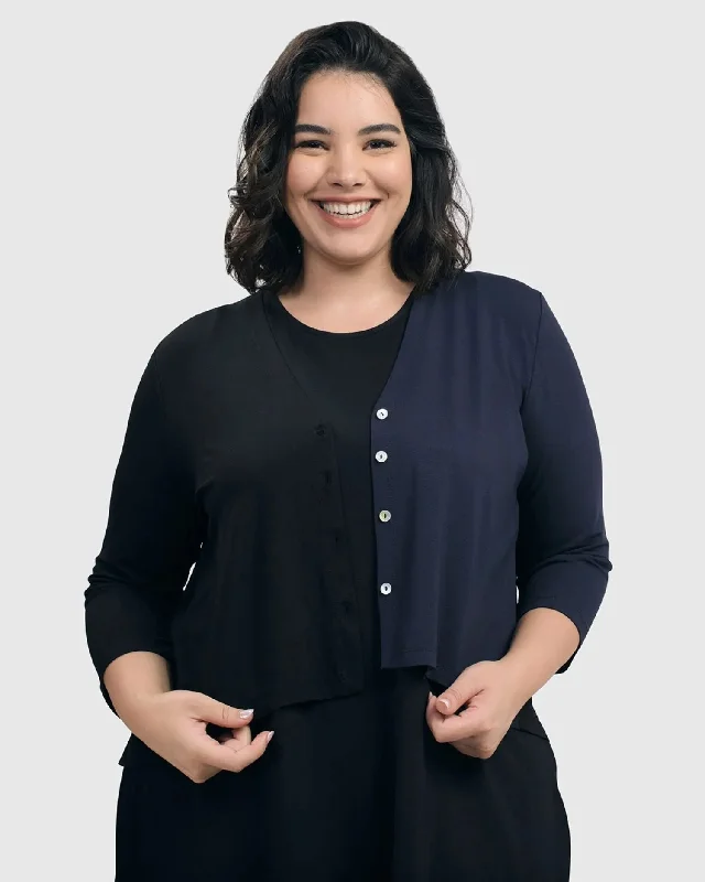 Essential 2-tone Crop Cardigan, Navy Chenille Brocade Lace