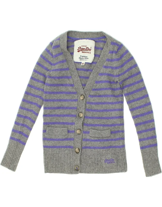 SUPERDRY Womens Cardigan Sweater UK 8 Small Grey Striped Lambswool Ribbed Striped Patterned