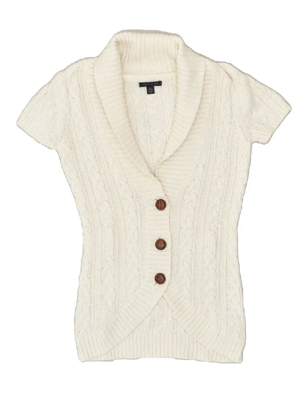 TOMMY HILFIGER Womens Short Sleeve Cardigan Sweater UK 6 XS White Cotton Cotton Fabric Linen Fabric Terry Fabric