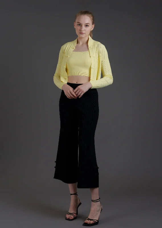Two Piece Knitted Cardigan Set (Yellow) Crew Neck V-Neck Turtle Neck