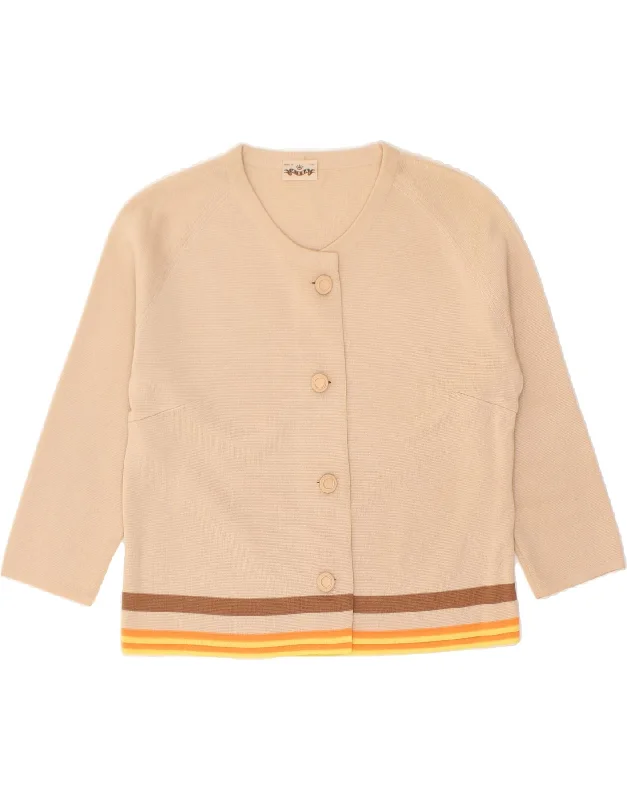 VINTAGE Womens 3/4 Sleeve Cardigan Sweater UK 12 Medium Beige Fleece Cardigan Nylon Polyester VINTAGE Womens 3/4 Sleeve Cardigan Sweater UK 12 Medium Beige Fleece Cardigan Nylon Polyester