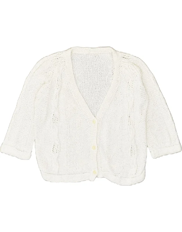 VINTAGE Womens 3/4 Sleeve Cardigan Sweater UK 12 Medium White Front Pockets Side Pockets Patch Pockets