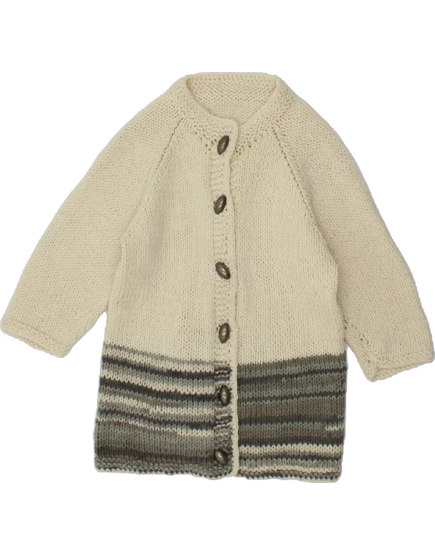 VINTAGE Womens 3/4 Sleeve Cardigan Sweater UK 14 Medium Off White Striped Boat Neck Shawl Collar Notched Collar