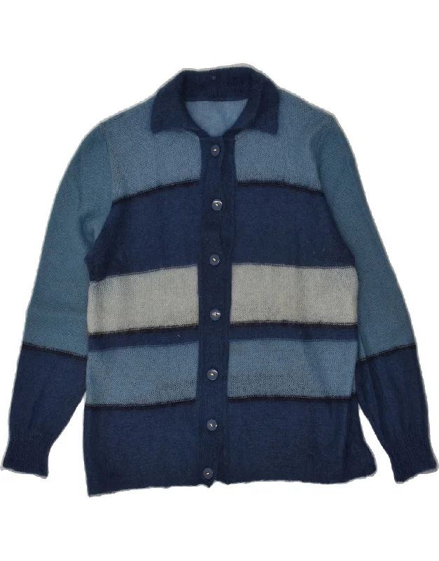 VINTAGE Womens Cardigan Sweater IT 48 XL Navy Blue Striped Polyamide Fitted Slim Tailored