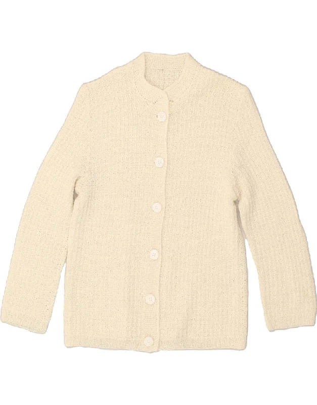 VINTAGE Womens Cardigan Sweater UK 12 Medium White Spandex Blend Rayon Blend Denim Blend