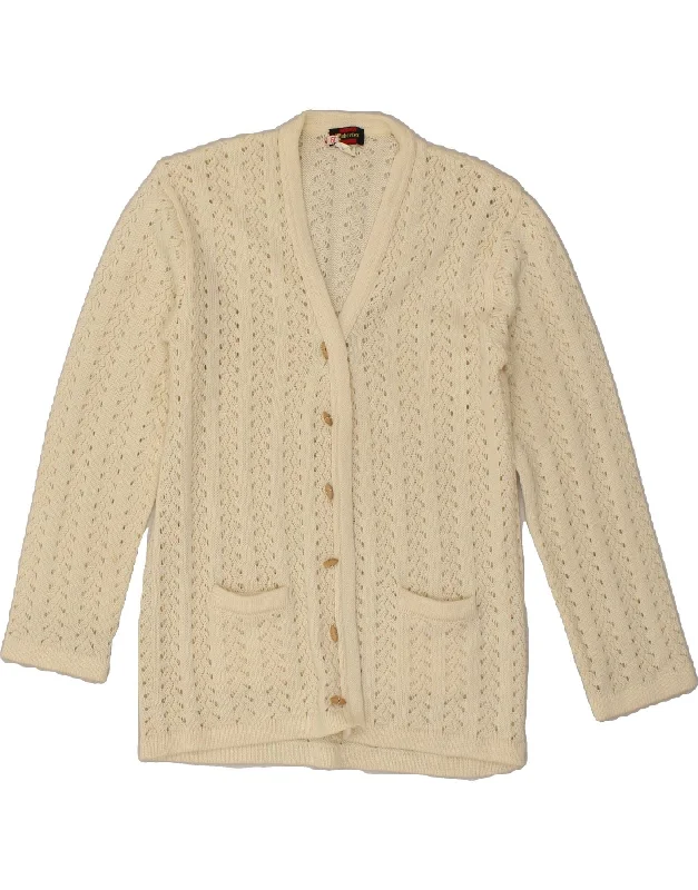 VINTAGE Womens Cardigan Sweater UK 14 Large Beige Acrylic Chenille Brocade Lace