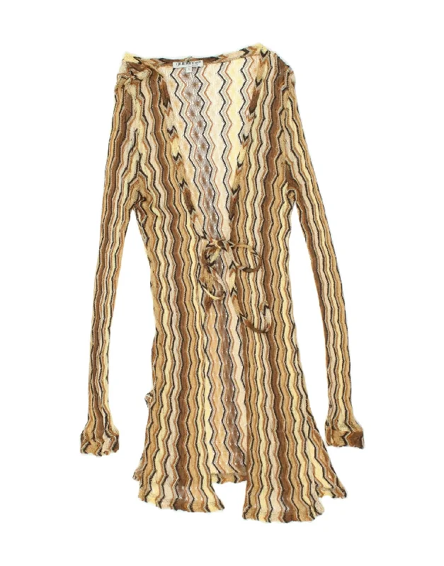 VINTAGE Womens Cardigan Sweater UK 14 Large Brown Chevron Cotton Transparent Opaque Sheer