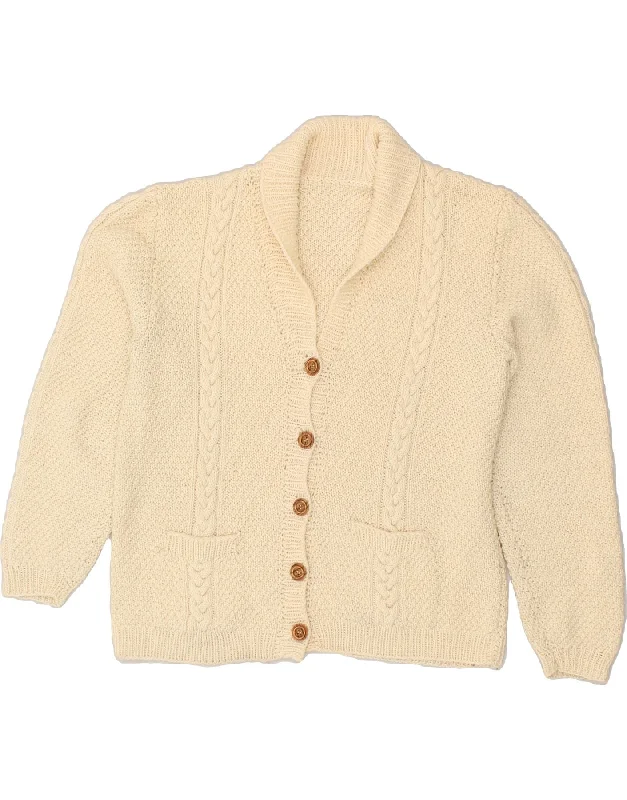 VINTAGE Womens Cardigan Sweater UK 14 Large Off White Chenille Blend Fleece Blend Nylon Blend