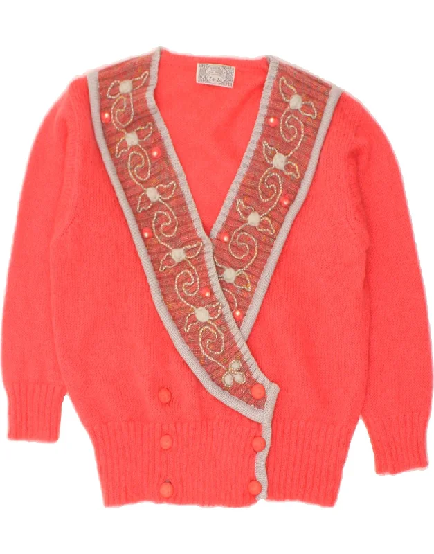 VINTAGE Womens Cardigan Sweater UK 14 Large Pink Floral Mohair Soft Cozy Warm