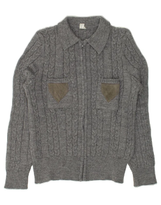 VINTAGE Womens Cardigan Sweater UK 14 Medium Grey Cotton Herringbone Houndstooth Plaid