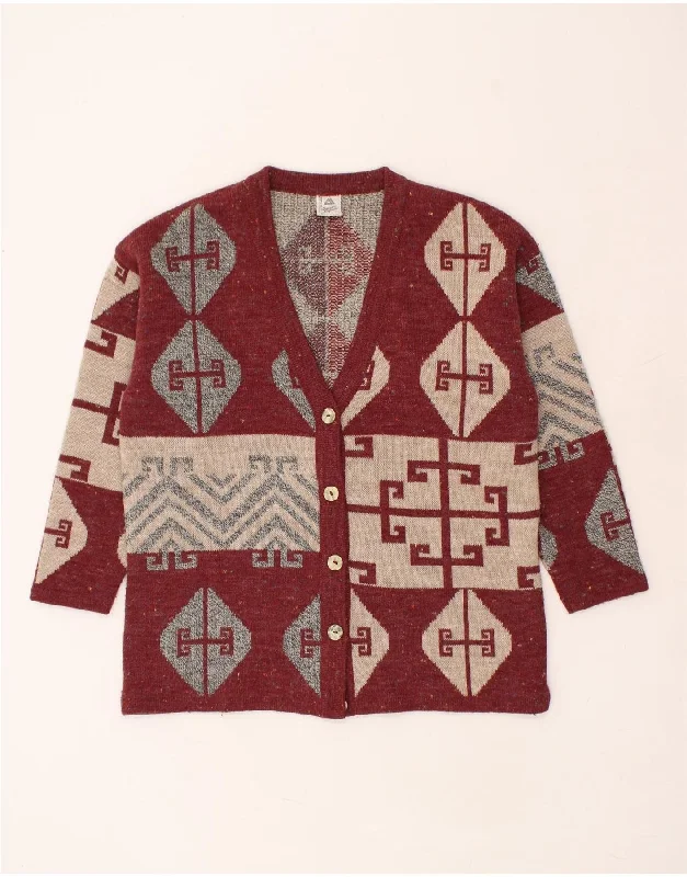 VINTAGE Womens Cardigan Sweater UK 16 Large Burgundy Argyle/Diamond Aztec Anti-Pilling Anti-Shrink Durable