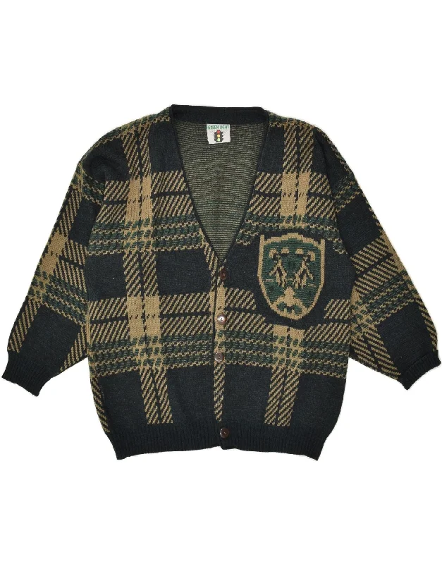 VINTAGE Womens Cardigan Sweater UK 16 Large Green Check Embroidered Appliqued Beaded