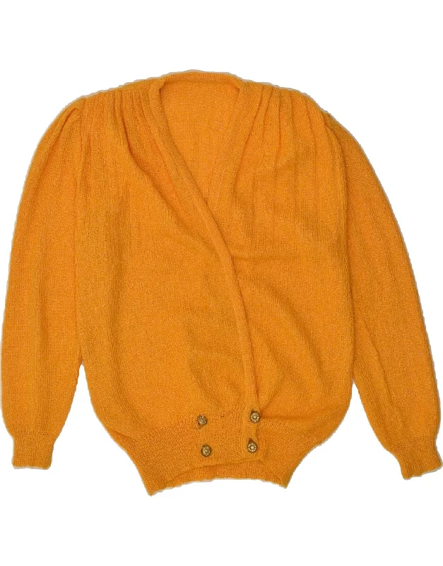 VINTAGE Womens Cardigan Sweater UK 16 Large Yellow Mesh Blend Leather Blend Suede Blend