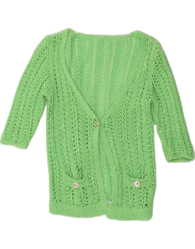 VINTAGE Womens Short Sleeve Cardigan Sweater UK 8 Small Green Cotton Cashmere Blend Cotton Blend Poly Blend