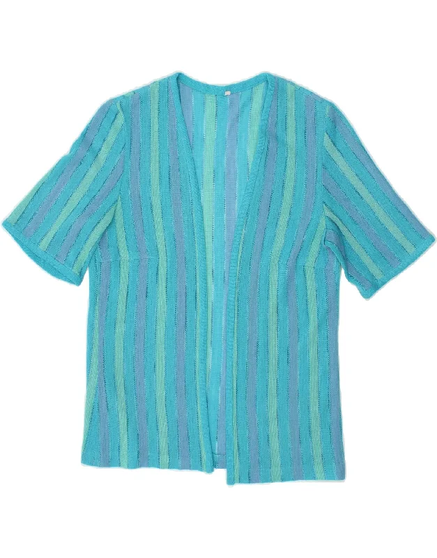 VINTAGE Womens Short Sleeve Open Cardigan Sweater IT 40 Small Blue Striped Elasticated Padded Insulated