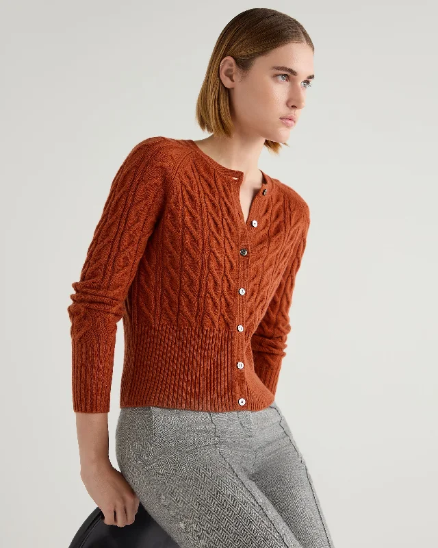 Women's Myla Cable Cashmere Cardigan Rust Orange Oversized Loose Flowy