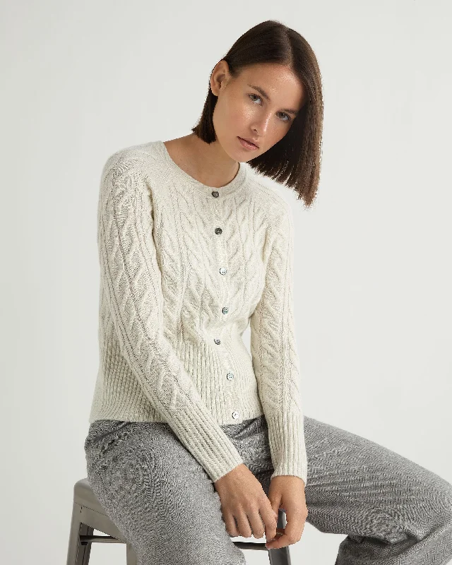 Women's Myla Cable Cashmere Cardigan With Lurex Snow Grey Sparkle Glossy Satin Silk