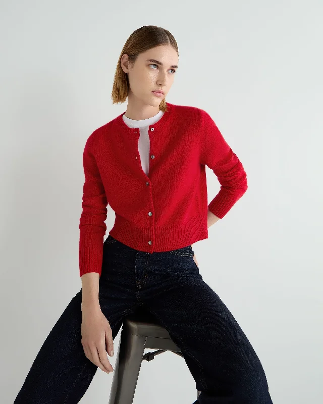 Women's Chunky Crop Cashmere Cardigan Riding Red Striped Floral Plaid