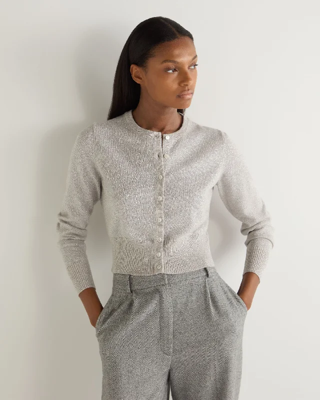 Women's Ivy Cropped Cashmere Cardigan With Lurex Sand Brown Sparkle Slim Fit Regular Fit Oversized