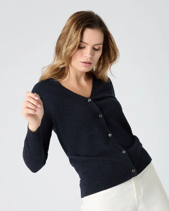 Women's Lara V Neck Cashmere Cardigan Navy Blue Elasticated Padded Insulated