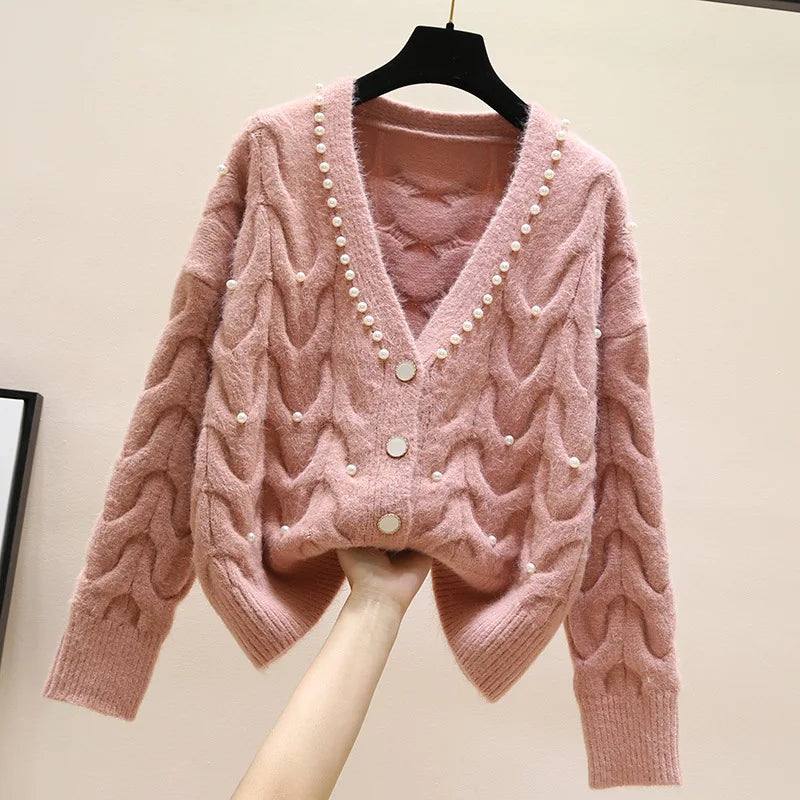 Znbbw new fashion all-match knitted outer wear sweater Sweet beaded V-neck knitted cardigan women's spring Chenille Blend Fleece Blend Nylon Blend Znbbw new fashion all-match knitted outer wear sweater Sweet beaded V-neck knitted cardigan women's spring Chenille Blend Fleece Blend Nylon Blend